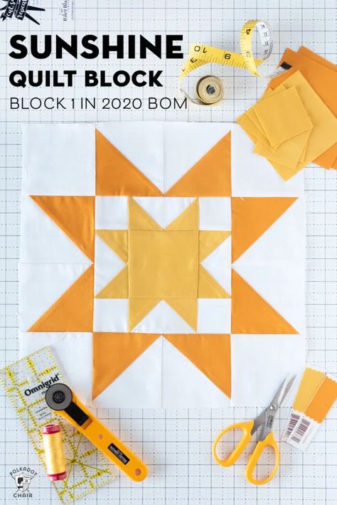 The Sunshine quilt block, block 1 in the Choose Happiness quilt along on the polka dot chair blog. #quiltblock #quiltalong Quilt Block Patterns Easy, Sunshine Quilt, Quilt Blocks Easy, Polka Dot Chair, Choose Happiness, Yellow Quilts, Start Quilting, Quilt Block Patterns Free, Star Quilt Blocks