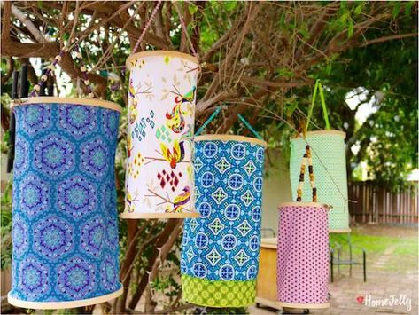 Diy Silk Lantern, Diy Fabric Lantern, Fabric Lanterns Diy, Diy Hanging Lampshade, Fabric Lanterns, Diy Diwali Lanterns, Boho Lanterns, Lantern Crafts, Fabric Lantern