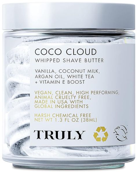 Truly Beauty Coco Cloud Shaving Cream for Women Sensitive Skin Whipped Shave Butter for Legs, Pubic Hair, Underarm, Body, Intimate Bikini Area, etc. 1.3 OZ Shaving Cream Women, Whipped Shave Butter, Shaving Cream For Women, Whipped Coconut Milk, Random Wishlist, Truly Beauty, Shave Butter, Vegan Clean, Unwanted Hair Removal