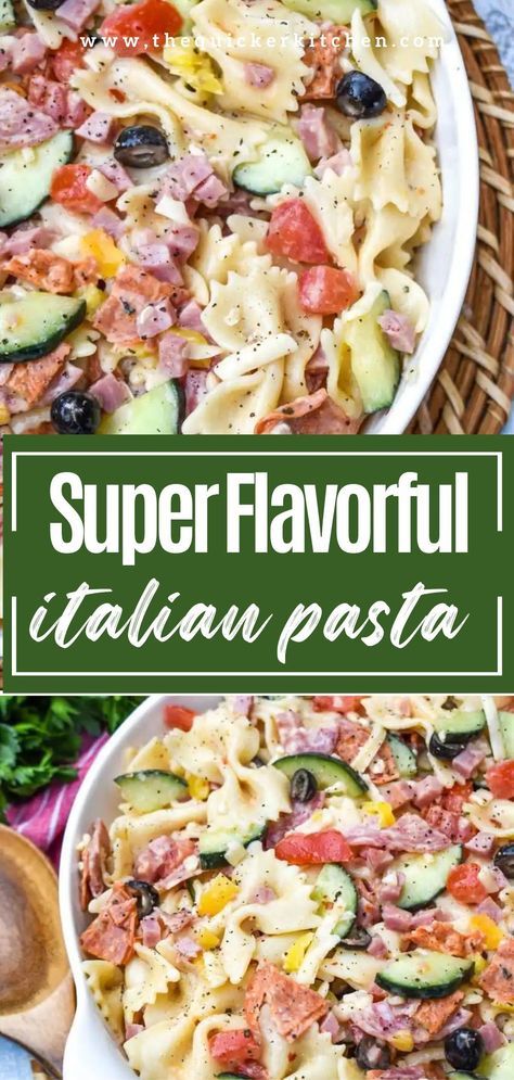 This Italian pasta salad recipe brings all the flavors of an Italian sub into a delicious pasta salad everyone will love as a side dish or even a main! Bowtie pasta gets tossed with a blend of veggies, Italian deli meats, cheese, and a creamy mix of mayonnaise and Italian dressing. Check out this quick recipe at thequickerkitchen.com Pasta Salad Zesty Italian Dressing, Chipped Italian Salad, Chopped Italian Pasta Salad, Italian Noodles Recipes, Deli Pasta Salad Recipes, Pasta Salad With Mayonnaise, Main Dish Pasta Salad Recipes, Bowtie Pasta Recipes Salad, Italian Sub Pasta Salad