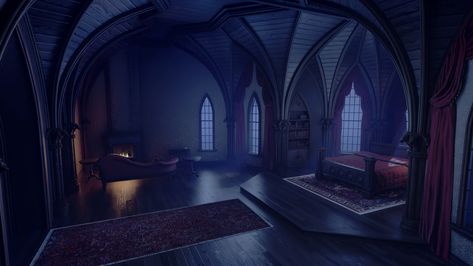 This is Alucard's Bedroom for Castlevania season 3. Castlevania Background Art, Dark Fantasy Bedroom Concept Art, Witch Rooms Bedrooms, Medieval Bedroom Concept Art, Castle Color Pallete, Fantasy Bedroom Medieval, Castle Bedroom Dark, Royal Bedroom Concept Art, Dark Castle Bedroom