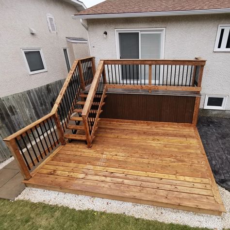 Double Layer Deck Ideas, Low Deck Ideas Ground Level Backyards, Deck With Wide Stairs, Floating Decks Backyard, Tall Deck Ideas, Tiered Deck On Slope, Above Ground Pool Small Deck, Deck Bed Ideas, 2 Story Deck