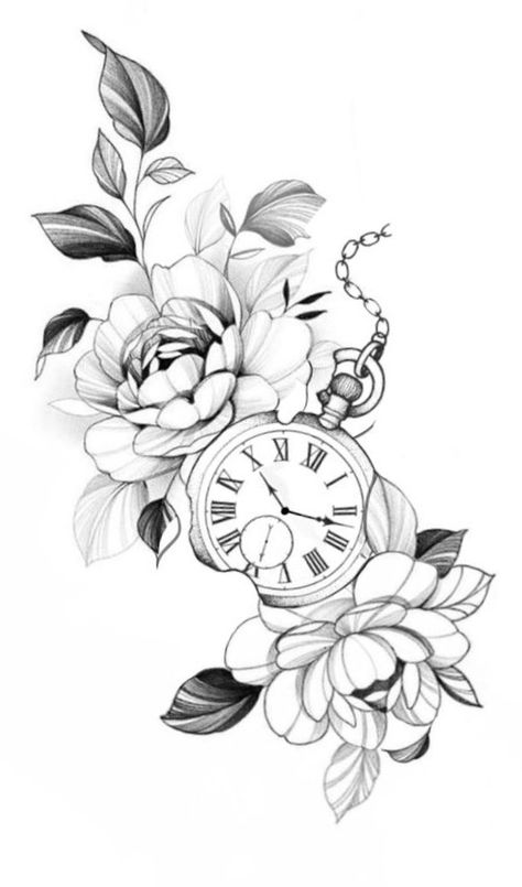 Flowers With Clock Tattoo, Pocket Watch Flower Tattoo, Clock With Flowers Tattoo Design, Fine Line Pocket Watch Tattoo, Floral Clock Tattoos For Women, Pocket Watch With Flowers Tattoo, Pocket Watch Tattoo Design Women, Flower And Clock Tattoo For Women, Clock With Flowers Tattoo