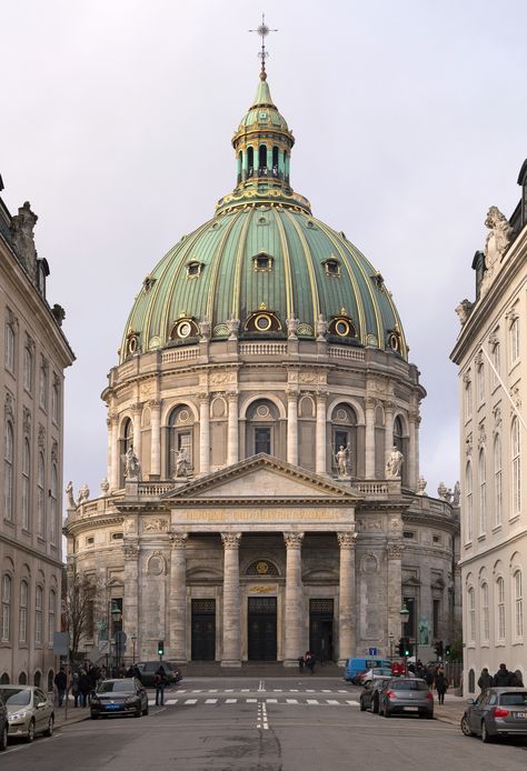 Frederik’s Church Though the foundations for this marble megastructure were laid in 1749, the project was not completed until nearly 150 years later because of budget and patronage issues. Its turquoise dome is now a focal point of the Copenhagen skyline. Arch Facade, Copenhagen Architecture, Visuell Identitet, Výtvarné Reference, Vintage Architecture, Architecture Landmark, European Architecture, Game Props, Architecture Drawing Art