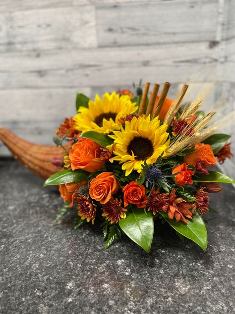 Sunflower cornucopia Thanksgiving centerpiece Modern Cornucopia Centerpiece, Cornucopia Arrangement, Cornucopia Flower Arrangement, Cornucopia Floral Arrangement, Fall Flower Arrangements Cornucopia, Thanksgiving Centerpieces Flowers, Thanksgiving Arrangements, Thanksgiving Bouquet, Thanksgiving Cornucopia Centerpiece