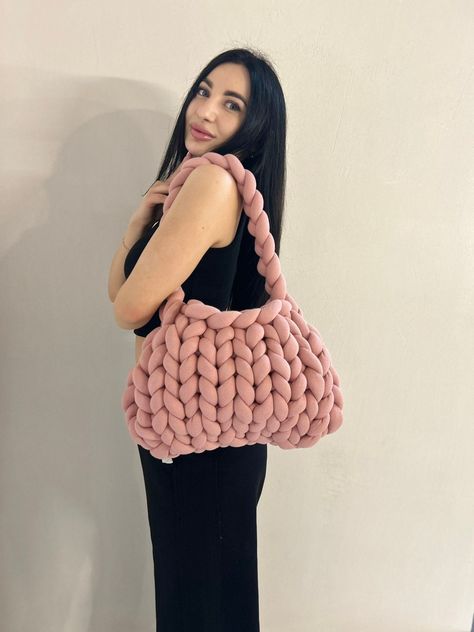 Handmade Bag with love. UNIQUE CROCHETED BAG: 100% handmade bag is suitable for many fashion styles, can hold many items - phone, makeup, sunglasses. It will complete your elegance with daily and evening clothes. Our bags sre completely friendly to the environment and people, because of the cotton yarn. Big Crochet Bag, Evening Clothes, Big Crochet, Crochet Throw Pattern, Big Yarn, Crochet Unique, Yarn Bag, Crochet Throw, Merino Wool Blanket