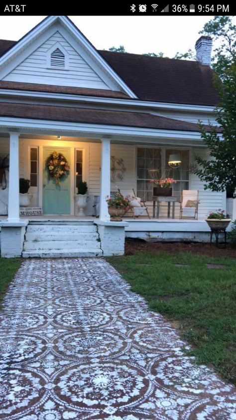 Stenciled concrete sidewalk Sidewalk Painting, Stenciled Concrete, Concrete Sidewalk, Paint Concrete Patio, Stencil Concrete, Painting Front Porch, Stencils Painting, Concrete Walkway, Painted Front Porches