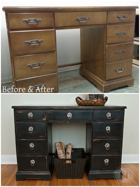 Before and After Desk Distressed Using 100% Beeswax. Easy Tutorial on How to Get This Look. | Salvaged Inspirations Old Desk Makeover, Distressed Bedroom Furniture, Distressed Desk, Salvaged Inspirations, Desk Diy, Desk Makeover, Dark Wax, Distressed Furniture, Painting Furniture