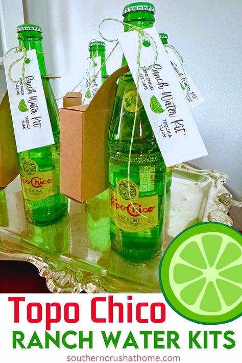 Topo Chico Ranch Water Recipe Kits with Tags https://www.southerncrushathome.com/topo-chico-ranch-water-recipe-kits-with-tags/ Ranch Water Party Favors, Ranch Water Recipe, How To Make Ranch, Ranch Water, Cocktail Decorations, Hotel Welcome Bags, Water Gift, Tequila Bottles, Cocktail Gifts