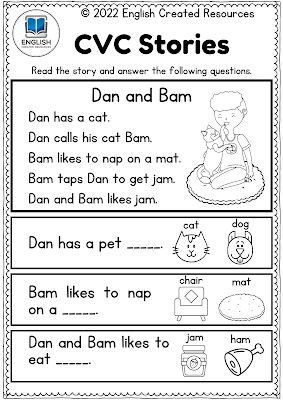 Cvc Stories, Kindergarten Comprehension Worksheets, Cvc Worksheets Free, Short I Worksheets, English Created Resources, Kindergarten Comprehension, Cvc Reading, First Grade Reading Comprehension, Cvc Worksheets