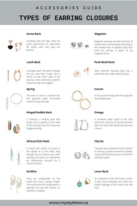 TYPES OF EARRING CLOSURES Types Of Earring, Fashion Knowledge, Fashion Terminology, Ear Piercing Ideas, Accessories Guide, Styling Jewelry, Jewelry Knowledge, Fashion Words, Clothing Guide