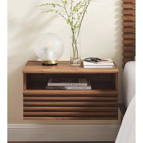 Vidalia Mid-century Modern Walnut Wooden Floating Single Drawer Nightstand - On Sale - Bed Bath & Beyond - 38110417 Floating Nightstand Drawer, Japanese Platform Bed, Modern Floating Nightstand, Minimalistic Bedroom, Simple Nightstand, Japandi Bedroom, Floating Bedside Table, Wooden Bedroom Furniture, Mid Century Modern Nightstand