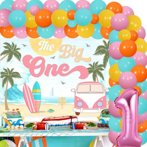 PRICES MAY VARY. Surf 1st Birthday Party Decorations: Package includes 50*12 inches latex balloons, 16*5 inches latex balloons, 1 “The Big One” backdrop 3.3*4.9ft, 1*32 inches number 1 foil balloon, 1 balloon tape strip, 1 adhesive dots and 2 white ribbons 33ft. Premium Quality: The “The Big One” backdrop is made of vinyl, which is lightweight and easy to carry. The balloons are made of durable latex and foil. You can use them safely at parties. But try not to overinflate the balloon or near hot Beach First Birthday Party, Summer First Birthday Theme, Surf 1st Birthday, Beach First Birthday, Backdrop With Balloon Garland, Lake Birthday, 1 Balloon, 1st Birthday Party Decorations, 1st Birthday Decorations