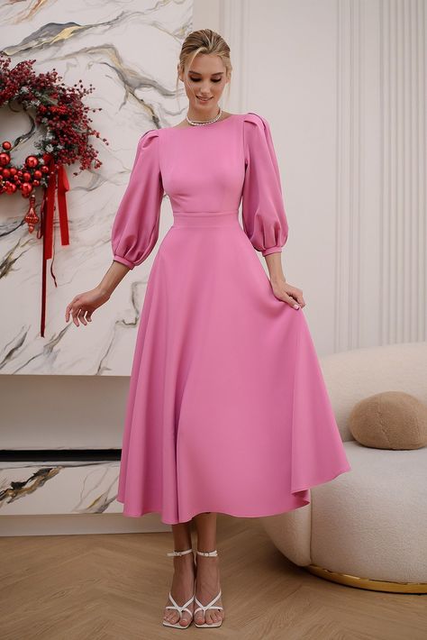 Puff Sleeves Dress Outfit, Vestido Pink Midi, Pink Elegant Dresses, Pink Simple Dress, Christian Dressing, Pink Dress Elegant, Simple Elegant Dresses, Long Puff Sleeve Dress, Dusty Pink Dress