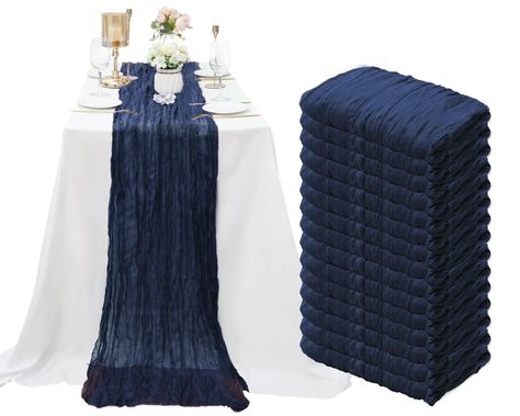 PRICES MAY VARY. Cheesecloth 【Quantity and Size】You will receive 15 pieces long Navy Blue cheesecloth table runner, enough quantity which will meet your wedding banquets and daily use or replace. The size of these rustic cheesecloth table runner is approx.35" wide and 10 feet length, which is large enough to cover a rectangle table or round tables which can accommodate 8 to 10 people. 10Ft is a ideal length for your party table decorations. The cheese gauze table runners can also be spliced toge Blue Cheesecloth Table Runner, Blue Bridal Shower Decorations, Boho Wedding Table Runner, Boho Wedding Table, Blue Table Settings, Dark Blue Wedding, Cheesecloth Table Runner, Vintage Wedding Table, Boho Table Runner