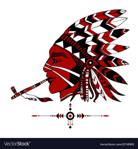 Red-skinned indian shaman in ethnic costum smokes Vector Image Red Indian Tattoo, Indian Shaman, Fantasy Logo, Man Tattoo, Native American Men, Red Indian, Indian Tattoo, Indian Patterns, Native American Design