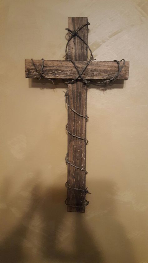 Wood Crucifix Rustic Cross, Barb Wire Crafts, Wooden Cross Crafts, Rustic Wood Cross, Barbed Wire Art, Cross Drawing, Mountain Wall Decor, Rustic Cross, Cross Tattoo Designs