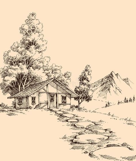 Forest Sketch, Alpine Landscape, Landscape Pencil Drawings, Drawing Scenery, Wood Illustration, Forest Drawing, Wooden Cabin, Small Wooden House, Mountain Drawing