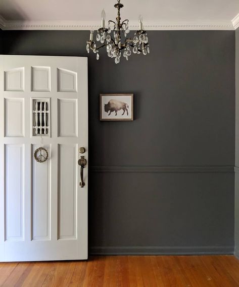 We painted the baseboards and the chair rail the same color and sheen as the wall (@behrpaint Antique Tin). I love how it reduces the… Moody Chair Rail, Painting Over Chair Rail, Paint Chair Rail Same Color As Wall, Antique Tin Behr Paint, Painting Chair Rail Same As Wall, Painted Chair Rail Same As Wall, Bedroom With Chair Rail, Chair Rail Paint Ideas, Chair Rail Ideas