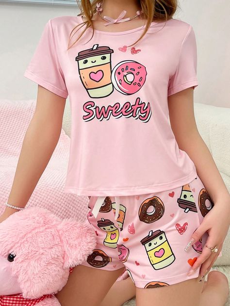 Multicolor  Collar   Dibujos animados,Geométrico,Letras Conjunto de Pantalones Cortos Embellished Elástico Ligero Todo Pijama Cute, Summer Pijama, Cute Pijamas, Pajamas Cute, Shorts Pajamas, Preppy Fall Outfits, Pyjama Satin, Womens Pajamas, Preppy Fall