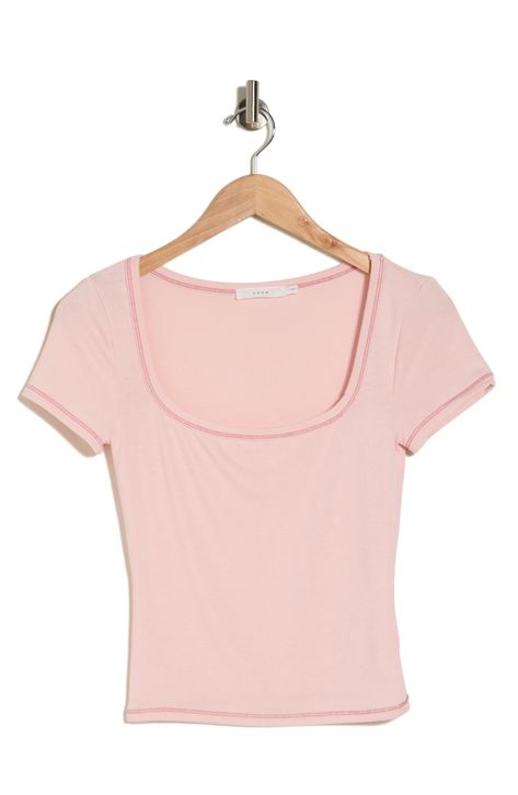 This short-sleeve T-shirt in an easy, relaxed fit is an excellent addition to your chill-time wardrobe. 18" length Square neck Short sleeves 63% polyester, 33% cotton, 4% elastane Hand wash, dry flat Imported Light Pink Baby Tee, Simple Cute Tops, Cute Basic Shirts, Pink Vintage Clothes, Preppy Shirts For School, Cute Clothes Preppy, Cute Pink Shirts, Pastel Pink Clothes, Light Pink Shirt Outfit