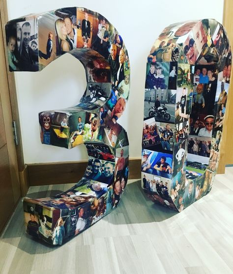 Home made 3d 30th birthday photo collage 30th Birthday Picture Collage, 30 Photo Collage, Fun 30th Birthday Ideas, Photo Numbers, Collage Party, Birthday Photo Album, Birthday Photo Collage, 30th Birthday Decorations, Photo Balloons