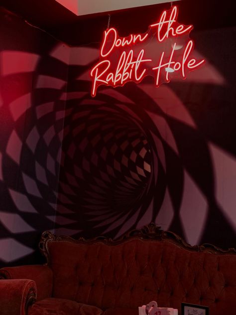 Dark Wonderland Aesthetic, Neon Alice In Wonderland, Alice In Wonderland Aesthetic Room, Spooky Alice In Wonderland, Alice Rabbit Hole, Alice In Wonderland Rabbit Hole, Neon Wonderland, Big Rabbit, Dark Carnival