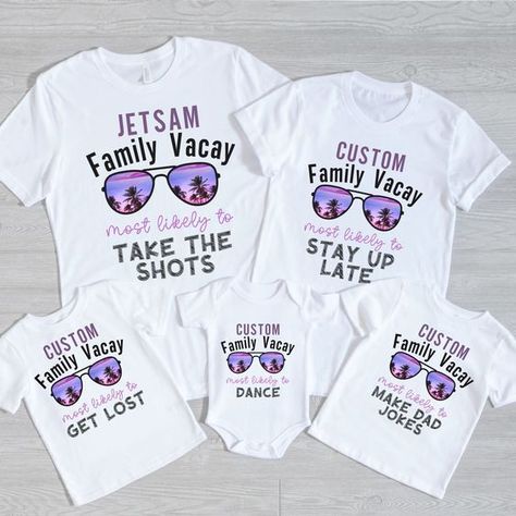 Vacation t-shirt design Most Likely To Family Vacation Shirts, Family Trip T Shirt Ideas, Vacation T Shirt Ideas, Vacation Tshirt Ideas Family, Vacation Tshirts Ideas, Friends T Shirt Ideas, Family Vacation Outfits Summer, Vacation Matching Outfits, Family Vacation Shirt Ideas