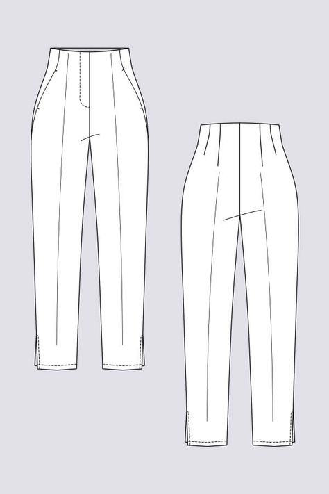 high waisted, midi-length, straigh leg pants. curved seams at the hip and waist, In-seam side pockets, zip gly fastening at the front (switch to the back) Studi Pant Patterns, High Waisted Straight Cut Pants Pattern, Pattern Drafting Pants, Free Roblox Clothes Templates Pants, Sewing Patterns Trousers Women, Pants Technical Drawing, Flat Pants, Pants Drawing, Trousers Pattern