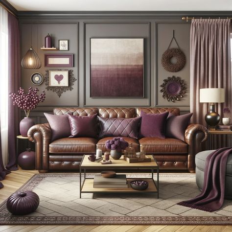 deep plum with brown leather couch Plum Living Room Ideas, Plum Living Room, Lilac Living Room, Leather Couch Living Room Decor, Brown Leather Couch Living Room, Brown Leather Furniture, Brown Sofa Living Room, Furniture Colors, Leather Couches Living Room