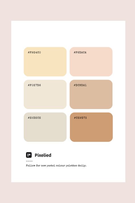 This brown pastel color palette offers a harmonious blend of warm neutrals, ranging from soft cream and beige to muted taupe and tan. These colors create a cozy and inviting atmosphere, ideal for designs that aim for a subtle and sophisticated look. Perfect for illustration, branding, typography, and web UI, this palette adds a touch of warmth and timeless elegance to any project. Bright And Neutral Color Palette, Cozy Pallete Color, Pastel Neutral Color Palette, Elevated Color Palette, Warm Neutral Palette, Cream Beige Color Palette, Warm Muted Color Palette, Business Gcse, Beige Color Combinations