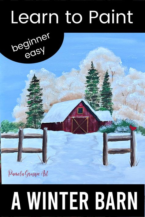 Paint this Winter Barn landscape in acrylics one easy stroke at a time. Step by step tutorial that not only explains how but why. Enjoy painting a lovely winter scene you will be proud to hang in your home or give as a gift. Free video included. Easy Winter Paintings For Beginners, Winter Barn Painting, Winter Scenes To Paint, Night Paintings, Winter Scene Paintings, Winter Paintings, Christmas Canvas Art, Acrylic Tutorials, Landscape Painting Tutorial