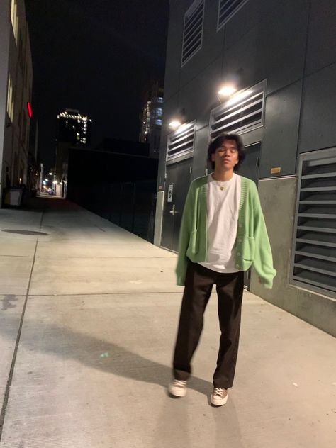 Cardigan Outfit Men Streetwear, Tyler The Creator Cardigan, Green And Brown Outfit Men, Mens Cardigan Outfit Streetwear, Cardigan Men Outfit Street Styles, Brown Cardigan Outfit Men, Green Cardigan Outfit Men, Aesthetic Green Outfits, Knee Pants Outfit