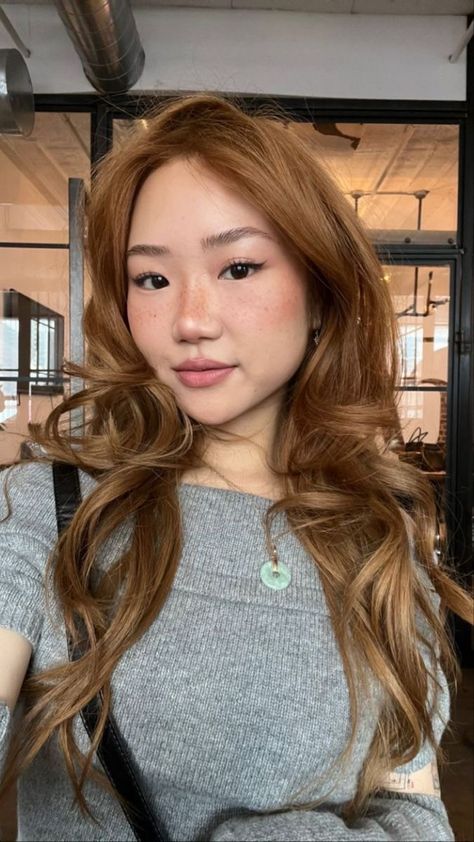 Brown Orange Hair, Brown Hair Asian, Orange Brown Hair, Light Auburn Hair, Caramel Blonde Hair, Women's Haircut, Hair Asian, Hair Color Asian, Honey Brown Hair