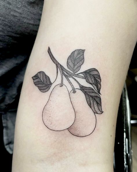 Pear Tattoo, Apple Tattoo, Woodcut Tattoo, Fruit Tattoo, H Tattoo, Tattoo Apprenticeship, Food Tattoos, Vegan Tattoo, Blossom Tattoo