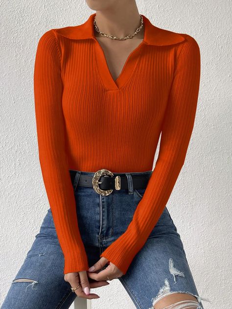 Burnt Orange Casual Collar Long Sleeve Fabric Plain Pullovers,Basic Tops Embellished Slight Stretch  Women Clothing Burnt Orange Outfit, Burnt Orange Top, Color Outfits, Band Outfits, Orange Outfit, Casual Day Outfits, Quick Outfits, Dark Denim Jeans, Women Sweaters