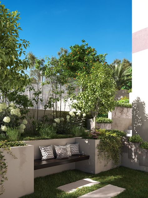 Espana Campello on Behance Small Courtyard Gardens, Terrace Garden Design, نباتات منزلية, Courtyard Gardens Design, Small Patio Garden, Back Garden Design, Courtyard Design, Small Courtyards, Have Inspiration