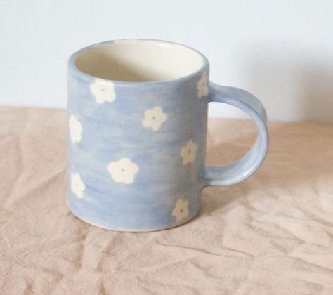 Blue Mugs Aesthetic, Blue Coffee Cups, Blue Mug, Blue Coffee Mugs, Clay Cup, Blue Cups, Cloud Painting, Pottery Cups, Aesthetic Painting