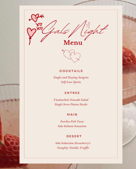 Aesthetic Pink Menus for Girls Valentines Party, Aesthetic Pink Party Decor Aesthetic Menu Ideas, Dinner Theme Ideas Party, Girls Night Menu Ideas, Birthday Dinner Menu Ideas, Valentines Girls Night, Galentines Girls Night, Activity Aesthetic, Galentines Aesthetic, Butter Slime Recipe