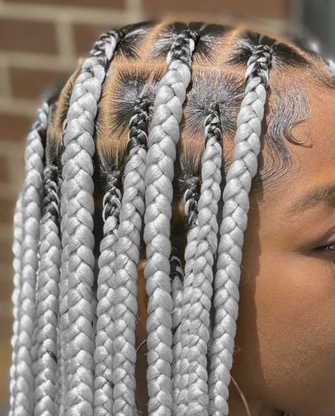 Grey Braiding Hair, Grey Hair Braids Hairstyles, Gray Box Braids Hairstyles, Silver Box Braids Black Women, Black And Grey Knotless Braids, Grey Knotless Box Braids, Gray Knotless Box Braids, Black And Grey Braids, Gray Knotless Braids