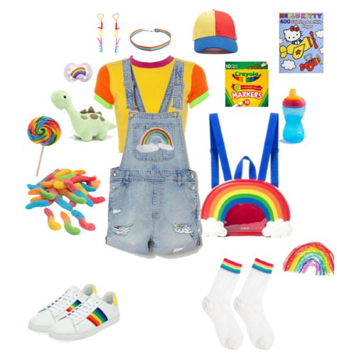 Clowncore Boy, Kidcore Outfit Boy, Little Spaces Ideas Outfits, Kid Core Outfits, Kidcore Clothes, Kidcore Outfit, Kidcore Fashion, Rainbow Lollipop, Space Outfit