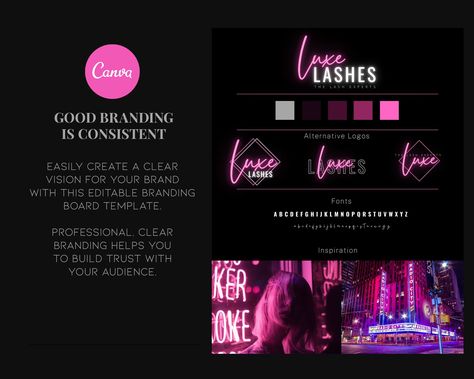 Great branding stems from consistency. Ensure your branding is always consistent by creating a branding board to use as a reference. This pink and gray themed branding board includes four different editable logo options as well as a full color scheme and font selection. Everything on this template is fully editable in Canva. You can fill in your own info and use the branding kit as it is or add your own logo designs, photos, color schemes and fonts easily in your browser on PC or tablet. No need Brow Studio Ideas, Lash Technician, Brand Inspiration Board, Logo Options, Lash Quotes, Neon Rose, Flyer Design Inspiration, Neon Logo, Brand Fonts