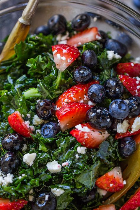 Blerbs, Strerbs, and Kerl! Summer Kale Salad, Salad With Blueberries, Fried Kale, Strawberry Chicken Salad, Blueberry Salad, Shrimp Salad Recipes, Kale Salad Recipes, Cranberry Salad, Berry Salad