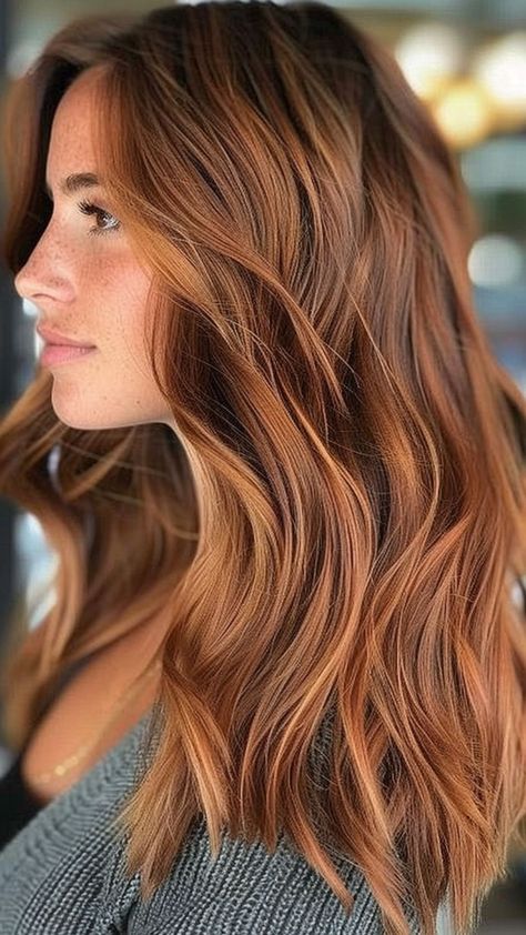 Low Maintenance Auburn Balayage, Natural Red Lowlights In Brown Hair, Fall Strawberry Blonde Hair Color Balayage, Fall Auburn Hair Highlights, Slightly Red Hair, Pumpkin Spice Ombre Hair, Fall Hair Vibes, Deep Copper Hair Color With Highlights, Brown To Auburn Hair Before And After