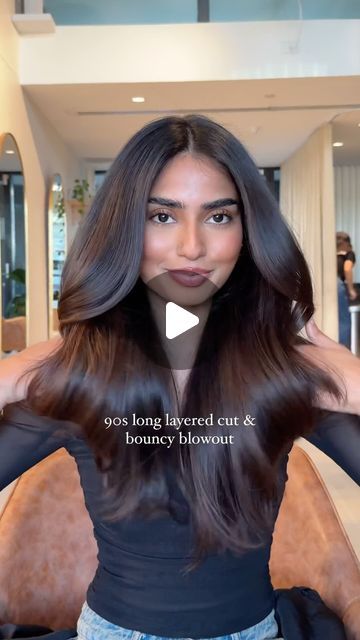 Studio Muse Hair - SYDNEY HAIR SALON on Instagram: "The 90s supermodel vibe 🤎💇‍♀️ @s.kayzz   Colour: chocolate brunette highlights  Cut: long layered cut and bouncy blowout   #longlayers #longhair #brunette #haircut" Bouncy Haircuts For Long Hair, Side Parting Hair Long, Soft Blowout Hair, 90s Haircut Long Layers, Side Part Blowout, Blow Outfit Hair, 90s Haircuts Long, 90s Layered Haircut, Expensive Brown Hair