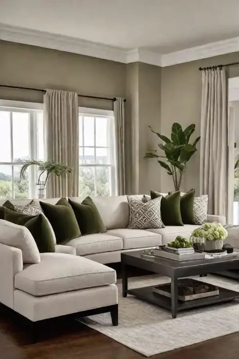 Cozy living room with green and beige Brown And Green Living Room, Green Living Room Color Scheme, Modern Green Living Room, Sage Living Room, Sage Green Living Room, Dark Green Living Room, Tan Living Room, Living Room Color Combination, Green Sofa Living Room