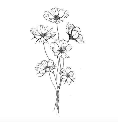 cosmos flower tattoo black and white White Flower Tattoos, Black And White Flower Tattoo, Marigold Tattoo, Cosmos Tattoo, Flor Tattoo, October Birth Flowers, Tattoo Black And White, October Flowers, Bouquet Tattoo