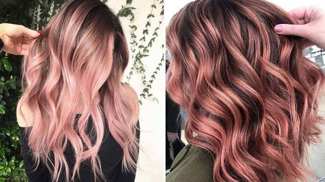 Rose Gold And Blonde Highlights On Brown Hair, Dark Hair With Rose Gold Balayage, Dimensional Rose Gold Hair, Rose Colored Hair For Brunettes, Rose Gold Shag Hair, Caramel Rose Gold Hair, Hair Colour Rose Gold, How To Get Rose Gold Hair, Rose Gold And Auburn Hair