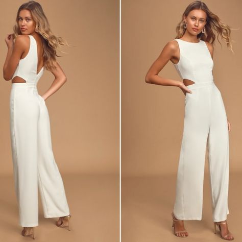 $79 Retail Lulu's Wedding Bridal Shower Engagement Chic White Modern Jumpsuit Pantsuit Medium Nwot The Lulus Moments To Remember White Sleeveless Wide-Leg Cutout Jumpsuit Will Have You Falling Head Over Heels In Love! Lightweight Woven Ponte Shapes This Must-Have Jumpsuit That Has A Rounded Neckline (With V-Back) And Fitted Princess-Seamed Bodice Featuring Two Sultry Side Cutouts. A High, Banded Waist Tops Flowy Wide-Cut Pant Legs To Complete This Stunner! Hidden Back Zipper/Clasp. Shell: 97% Po Beach Wedding All White, Modern Jumpsuit, Cutout Jumpsuit, Bridal Bachelorette Party, All White Party, Black Tie Gala, Head Over Heels, Rounded Neckline, White Party