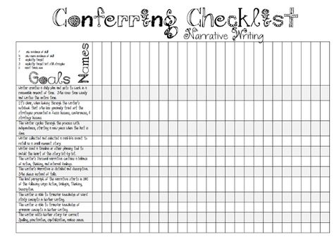 Narrative Writing - Interesting way to chart student progress.... the "gradebook" has the outcomes/goals listed and you check off beside each name as they reach competency. FREE! Conference Checklist, Teaching Narrative Writing, Fourth Grade Writing, Lucy Calkins, Writing Conferences, Third Grade Writing, Writing Checklist, 5th Grade Writing, 3rd Grade Writing